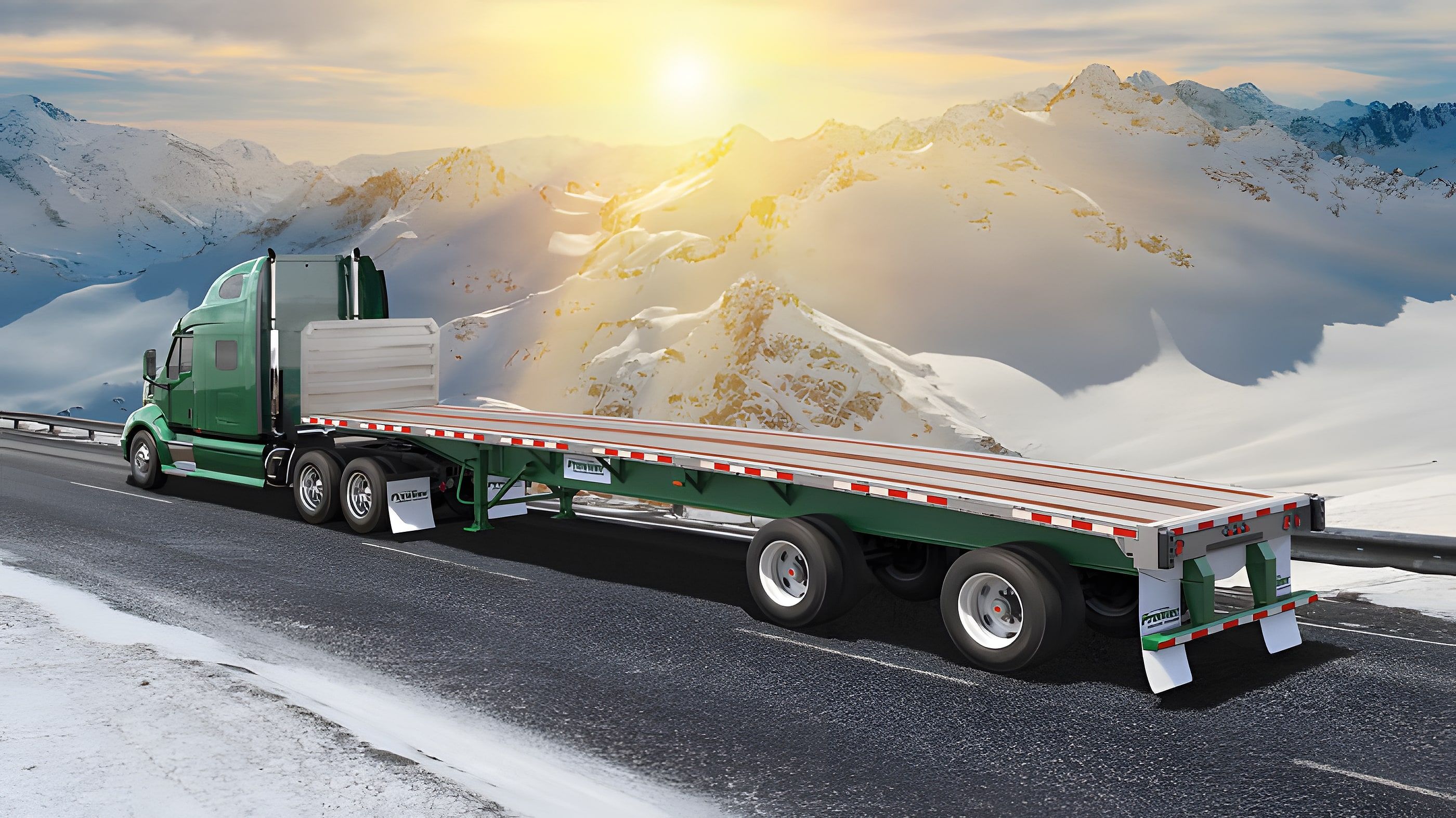 A tractor pulling an empty flatbed trailer along a snowy mountain highway